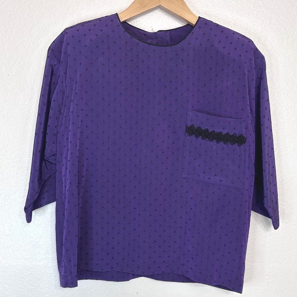Synari Women's S 3 pc Outfit Blouse Skirt Pants Purple Jacquard Flowy Silky VTG